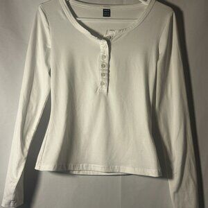 SHEIN White Long Sleeve Henley Top Button Front Size XS